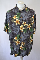 Vintage 90s charcoal hibiscus floral rayon hawaiian shirt oversized XL by Island Shares